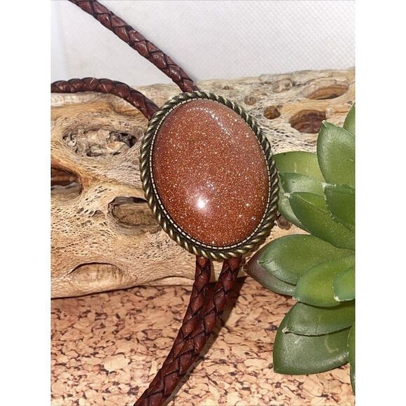 BRONZE Fall copper Gold STARLITE stone Wedding Groom Western Southwest Bolo tie - Picture 3 of 10